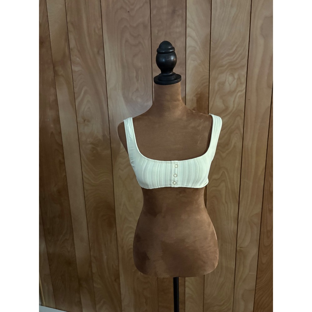 Solid & Striped Cream Ribbed Faux Button Front Bikini Top XS Cream Off White